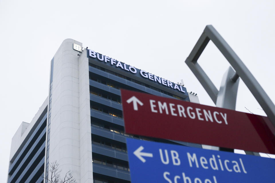 Buffalo General Medical Center is viewed Monday, Jan. 9, 2023, in Buffalo, N.Y. Buffalo Bills safety Damar Hamlin was discharged from the University of Cincinnati Medical Center, Monday, and flown to Buffalo, where he will continue his recovery at Buffalo General Medical Center/Gates Vascular Institute after going into cardiac arrest and having to be resuscitated on the field during a game in Cincinnati.(AP Photo/Joshua Bessex)