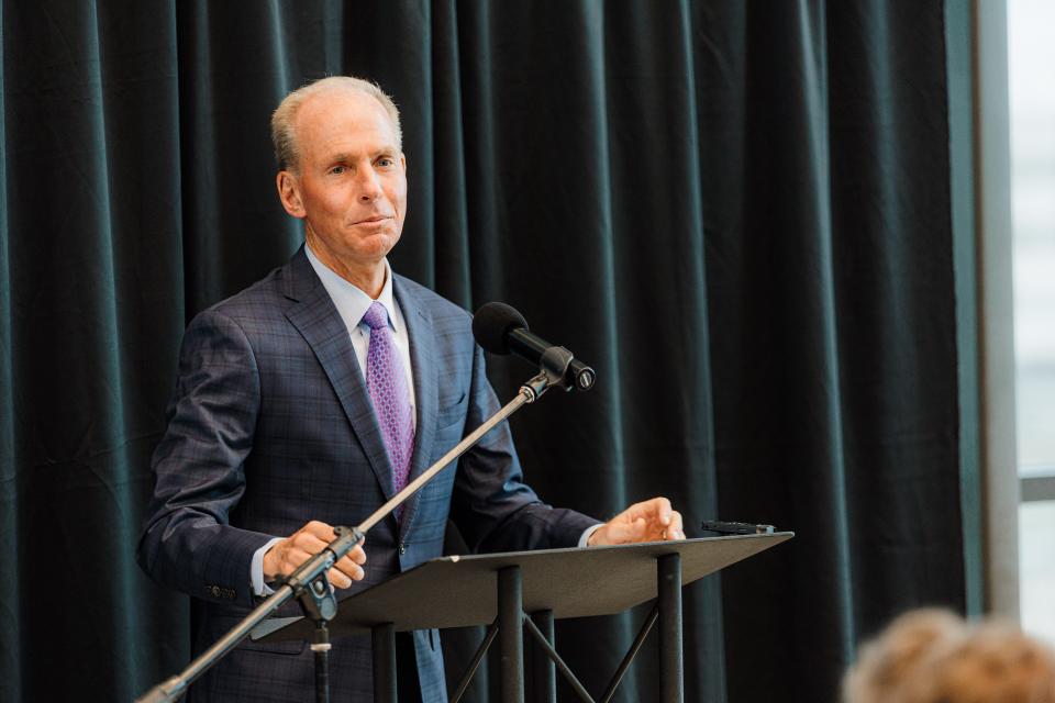 Former Boeing CEO Dennis Muilenburg speaks to a crowd at the OSU Hamm Innistue about why he supports Westwin Elements.