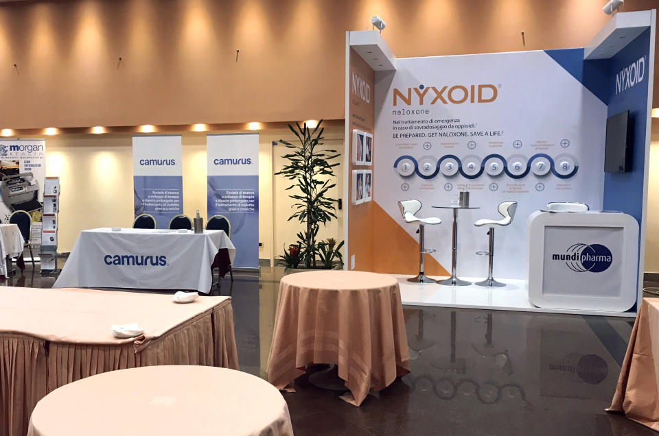 This undated image provided by Dr. Andrew Kolodny shows Purdue Pharma’s international affiliate, Mundipharma, promoting Nyxoid, a new brand of opioid overdose reversal medication, at a medical conference in Italy. The photo was taken by Kolodny, a frequent critic of Purdue Pharma who has testified against the company. (Andrew Kolodny via AP)