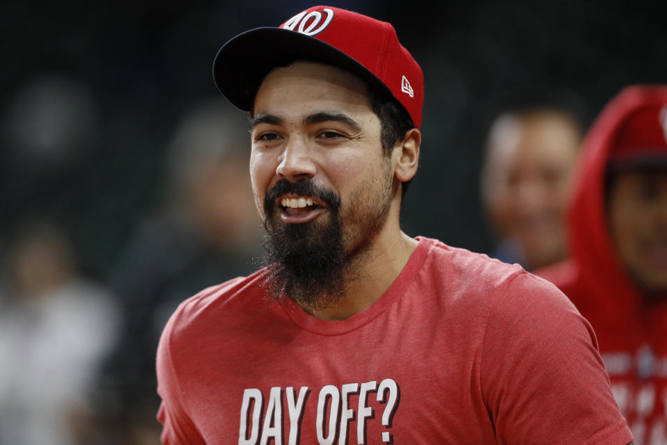 Washington Nationals third baseman Anthony Rendon prepares to take batting practice before Game 7 of the baseball World Series against the Houston Astros Wednesday, Oct. 30, 2019, in Houston. (AP Photo/Sue Ogrocki)