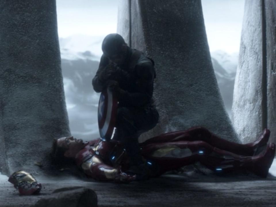 Captain America driving his shield into Iron Man's arc reactor in "Captain America: Civil War."