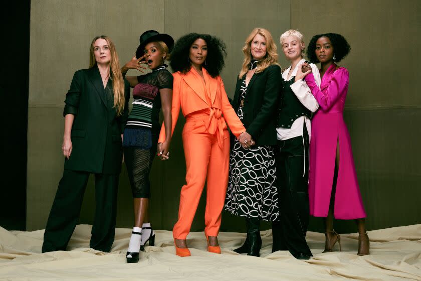 LOS ANGELES, CA - OCTOBER 29: (L-R) Kerry Condon, Janelle Monae, Angela Bassett, Laura Dern, Emma Corrin and Danielle Deadwyler photographed at the 2022 Oscar Roundtables in the Los Angeles Times studio on October 29, 2022 in Los Angeles, California. (Christina House / Los Angeles Times)