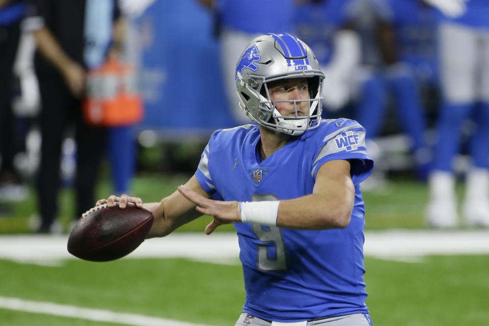 Detroit Lions quarterback Matthew Stafford throws during the first half of an NFL football game against the Washington Football Team, Sunday, Nov. 15, 2020, in Detroit. (AP Photo/Duane Burleson)