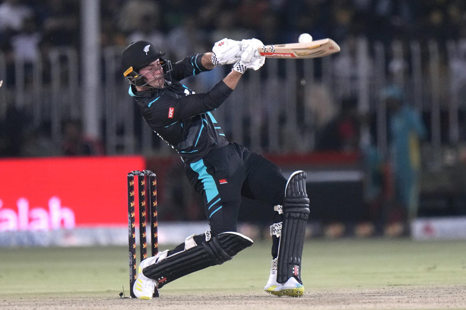 New Zealand's Tim Robinson plays a shot during the third T20 international cricket match between Pakistan and New Zealand, in Rawalpindi, Pakistan, Sunday, April 21, 2024. (AP Photo/Anjum Naveed)