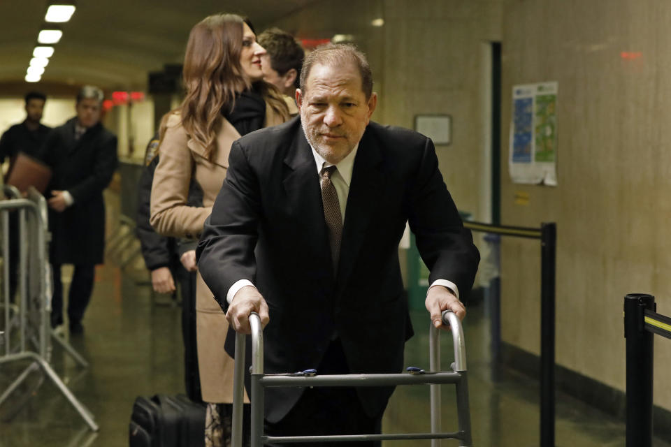 Harvey Weinstein arrives for jury selection in his trial on rape and sexual assault charges, in New York, Tuesday, Jan. 14, 2020. (AP Photo/Richard Drew)