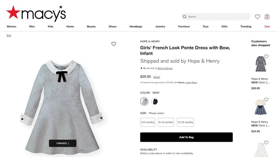 An illustration of a new brand on macys.com, listed via the marketplace format.