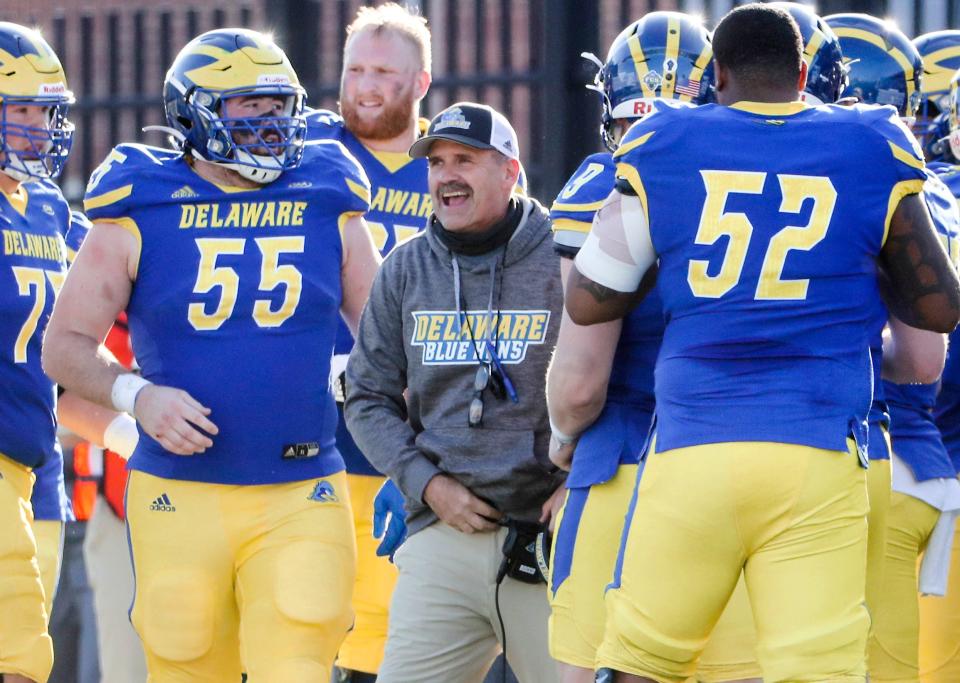 Delaware head coach Danny Rocco enjoys the final moments of the fourth quarter of The Blue Hens' 24-3 win against William and Mary at Delaware Stadium, Saturday, Nov. 6, 2021.