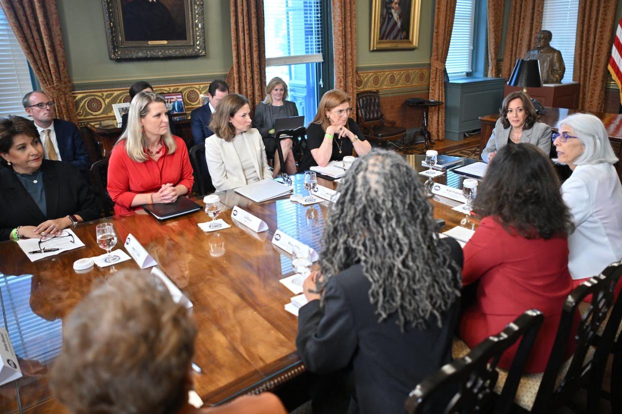 Vice President Kamala Harris held a meeting with civil rights leaders and consumer protection experts about the societal impact of AI on July 12, 2023. <a href="https://www.gettyimages.com/detail/news-photo/vice-president-kamala-harris-looks-on-during-a-meeting-with-news-photo/1527887524" rel="nofollow noopener" target="_blank" data-ylk="slk:Mandel NGAN/AFP via Getty Images;elm:context_link;itc:0;sec:content-canvas" class="link ">Mandel NGAN/AFP via Getty Images</a>