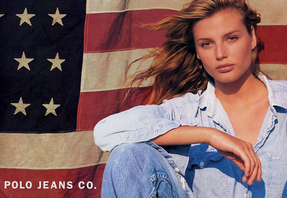 Bridget Hall models for Polo Jeans by Ralph Lauren in 1996.