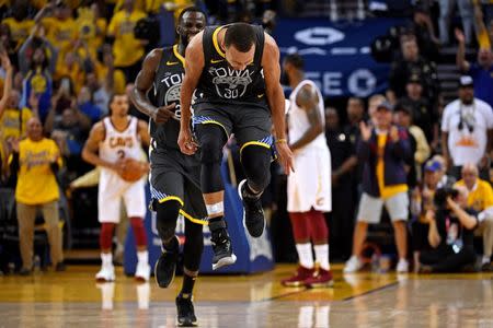June 3, 2018; Oakland, CA, USA; Golden State Warriors guard Stephen Curry (30) reacts after a play during the second quarter against the Cleveland Cavaliers in game two of the 2018 NBA Finals at Oracle Arena. Mandatory Credit: Kyle Terada-USA TODAY SportsJune 3, 2018