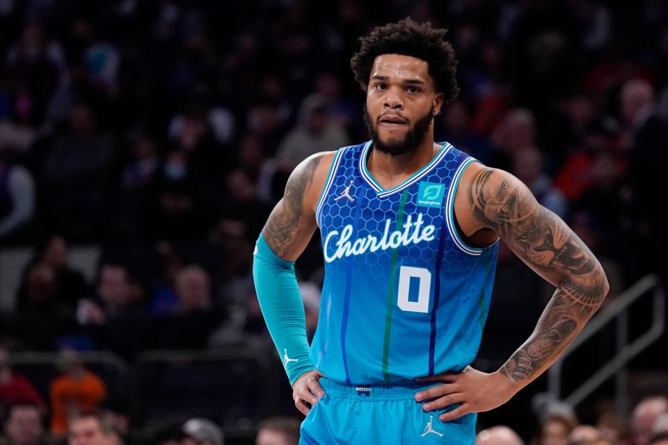 Miles Bridges stands on the court during a Jan. 17 game between the Charlotte Hornets and New York Knicks.