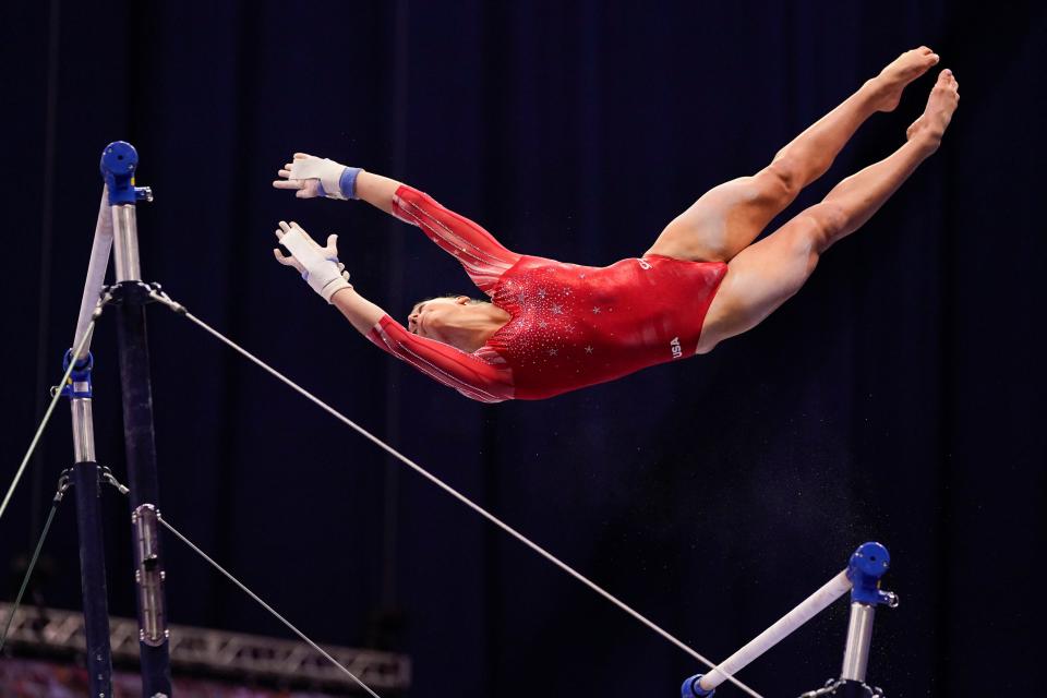 Grace McCallum competes on the uneven bars during the women's U.S. Olympic Gymnastics Trials on June 27, 2021, in St. Louis, Missouri.