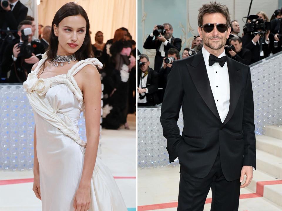 A side-by-side of Irina Shayk and Bradley Cooper at the 2023 Met Gala.