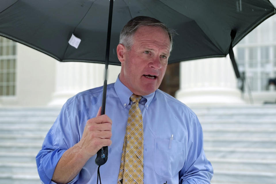 FILE - Former gubernatorial candidate Tim James speaks to reporters during a news conference, Sept. 15, 2021 on the steps of the Alabama Capitol in Montgomery, Ala. James is challenging fellow Republican Gov. Kay Ivey in next year’s GOP primary. James, the son of former Gov. Fob James, filed paperwork last week with the Alabama secretary of state’s office indicating he will be a candidate for governor. (AP Photo/Kim Chandler, file)