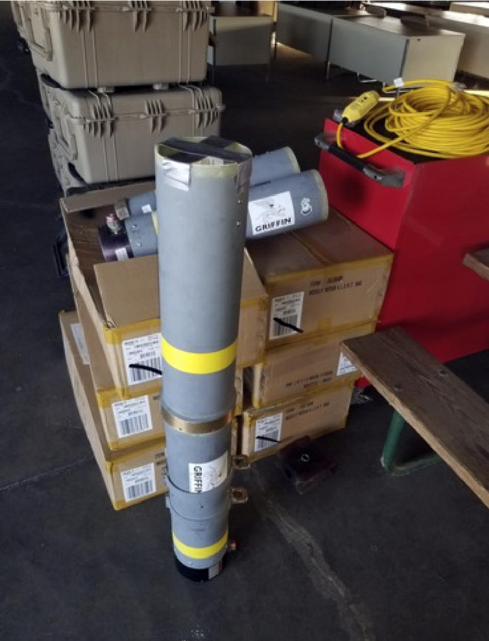 This image released by the Office of the State Fire Marshal's in Maryland, shows a rocket launcher tube that was seized at baggage area, Thursday, Aug. 1, 2019, at Baltimore/Washington International Thurgood Marshall Airport near Baltimore. The launch tube was brought back on a military flight by an Air Force sergeant as a souvenir from their service abroad. This is the second recovered rocket launcher military souvenir seized at the airport this week. (Office of the State Fire Marshal's via AP)