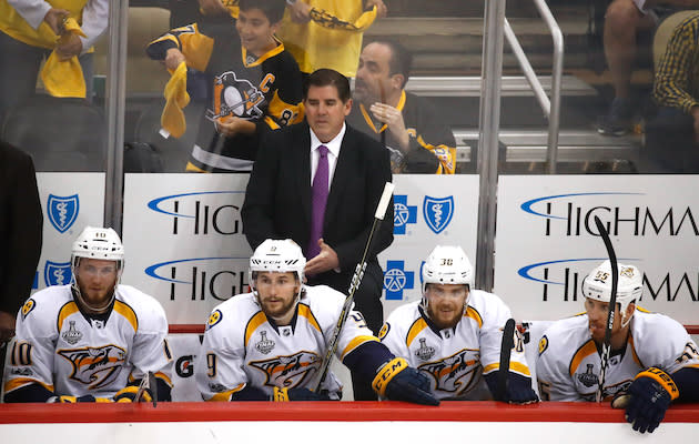 PITTSBURGH, PA – MAY 29: head coach Peter Laviolette of the Nashville Predators looks on from the bench during the first period in Game One of the 2017 NHL Stanley Cup Final against the Pittsburgh Penguins at PPG Paints Arena on May 29, 2017 in Pittsburgh, Pennsylvania. (Photo by Gregory Shamus/Getty Images)