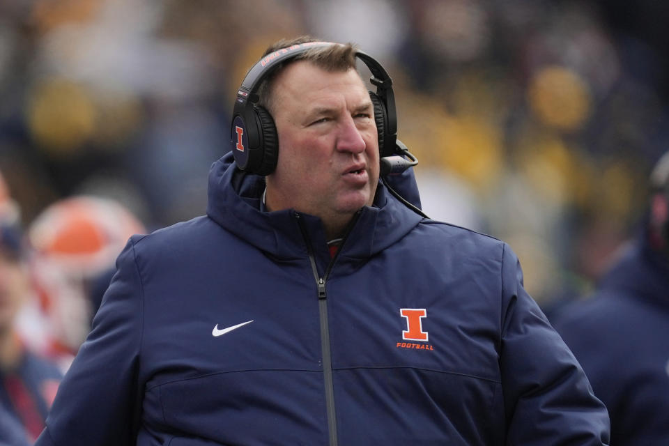 FILE - Illinois head coach Bret Bielema watches against Michigan in the second half of an NCAA college football game in Ann Arbor, Mich., Saturday, Nov. 19, 2022. Illinois signed coach Bret Bielema to a new six-year contract through 2028 on Tuesday, Dec. 20, 2022, a big reward for transforming a struggling program into a winner in his second season. (AP Photo/Paul Sancya, File)