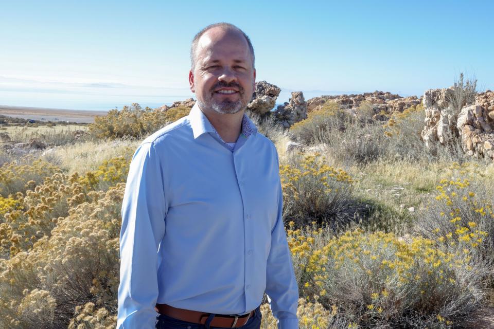 Tim Hawkes, pictured at Antelope Island on Oct. 19, 2023, is the vice chair and general counsel of the Great Salt Lake Brine Shrimp Cooperative, which harvests and distributes brine shrimp cysts, which are used to feed farmed fish. | Madi Ormond, PBS Utah