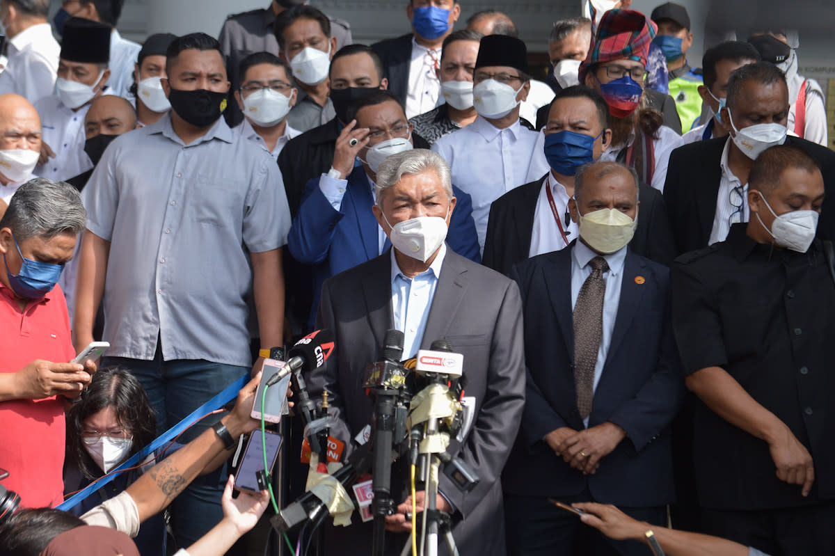 Datuk Seri Ahmad Zahid Hamidi speaks during a press conference at the Kuala Lumpur High Court on January 24, 2022. — Picture by Miera Zulyana