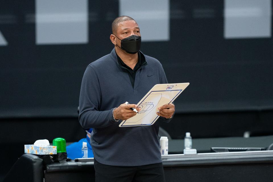 Philadelphia 76ers head coach Doc Rivers looks on before the game against the Sacramento Kings at Golden 1 Center.