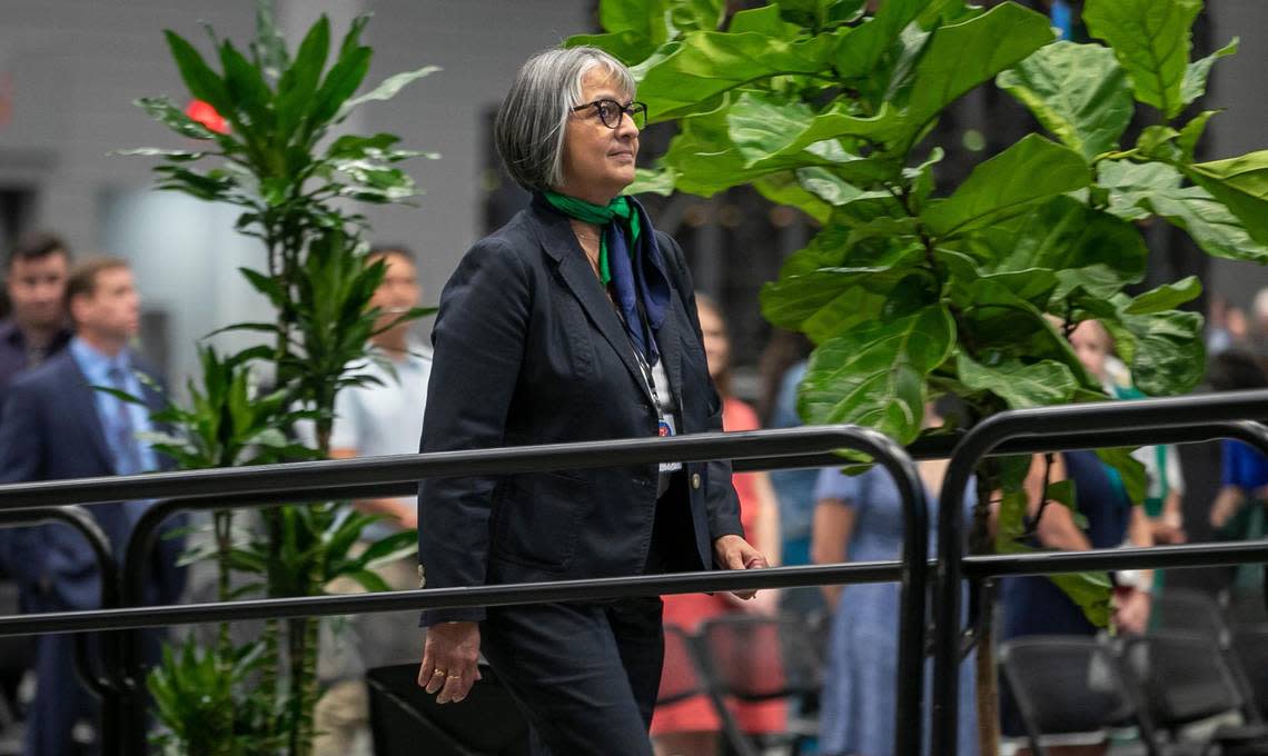 Wake County Public Schools Superintendent Catty Moore marches up the ramp to the stage for the Leesville Road High School graduation on Tuesday, Jun 13, 2023 at the Raleigh Convention Center in Raleigh, N.C.