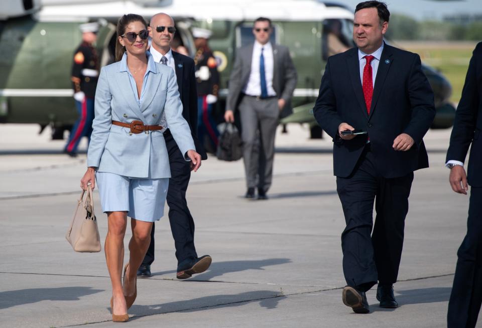 Counselor to the President Hope Hicks (L) and White House social media director Dan Scavino (R) walk to board Air Force One prior to US President Donald Trump departure from Austin Straubel International Airport in Green Bay, Wisconsin, June 25, 2020. (Photo by SAUL LOEB / AFP) (Photo by SAUL LOEB/AFP via Getty Images)AFP via Getty Images