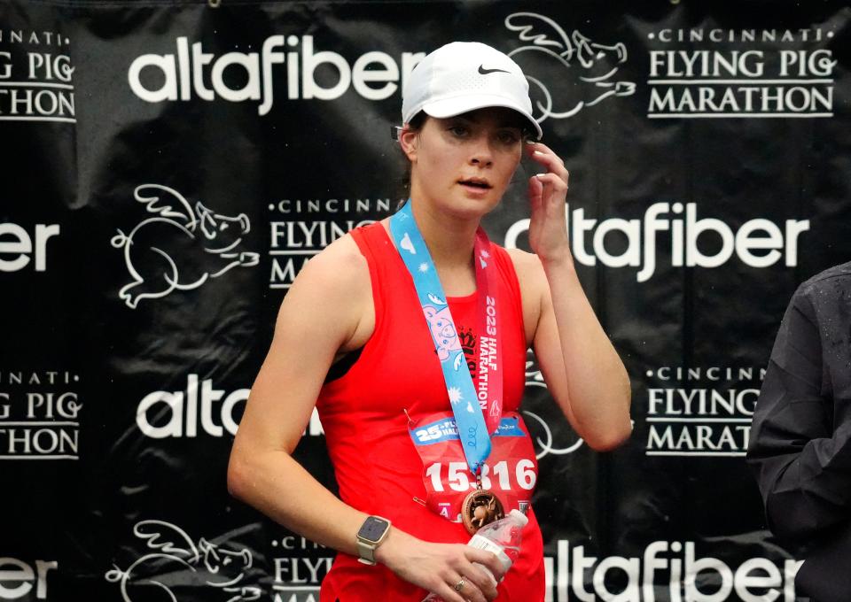 Aimee Piercy, 25, of Oakley is the women’s Cincinnati Half-Marathon Flying Pig Marathon winner, Sunday, May 7, 2023.