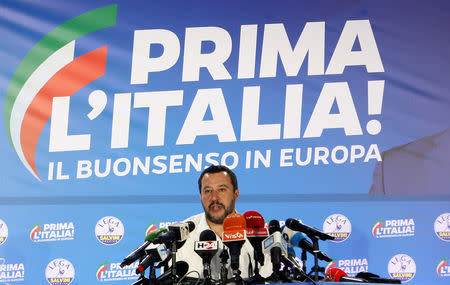 Deputy Prime Minister and League party leader Matteo Salvini speaks to the media at the League party headquarters, following the results of the European Parliament elections, in Milan, Italy May 27, 2019. REUTERS/Alessandro Garofalo