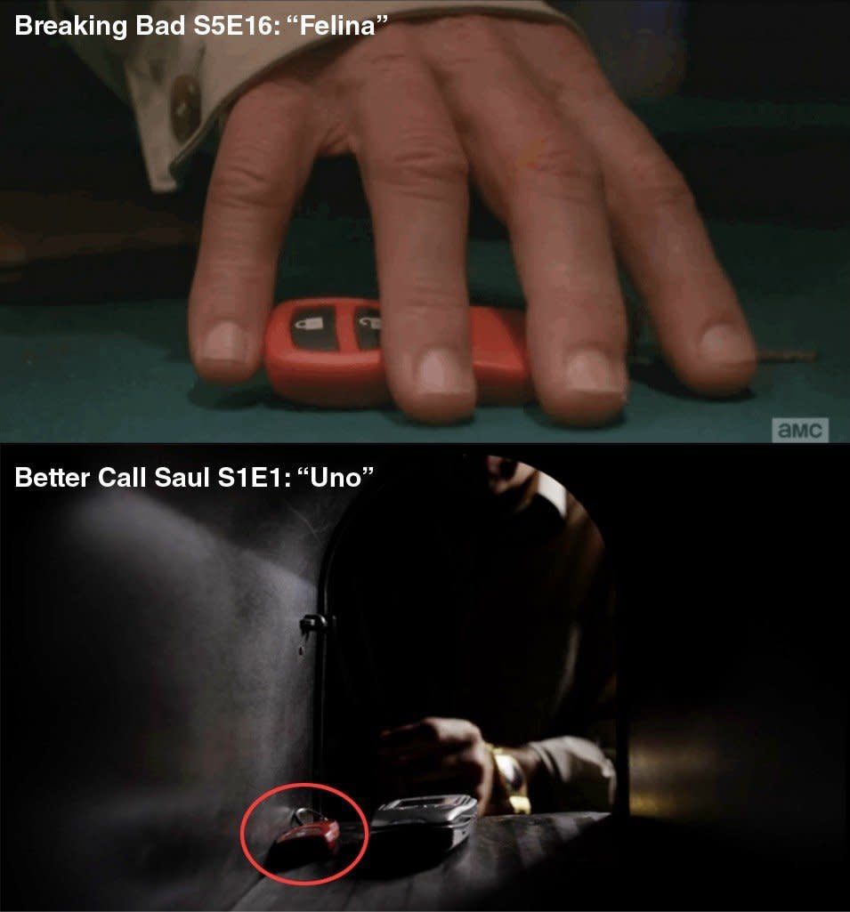 You can always rely on <a href="https://www.reddit.com/r/betterCallSaul/comments/2vmql6/another_brba_easter_egg_jimmys_key_fob_is_the/" target="_blank">Reddit </a>users to spot the most obscure details, can't you?   Here's Walt's key,. in the 'BB' finale, and Jimmy's in the first 'Better Call Saul' episode.   Sadly, the jury's out what this tiny symbol could mean. 