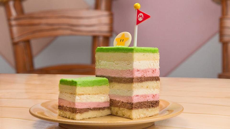 The Mt. Beanpole Cake at Super Nintendo World's Toadstool Cafe, which is inside Universal Studios Hollywood in Southern California.