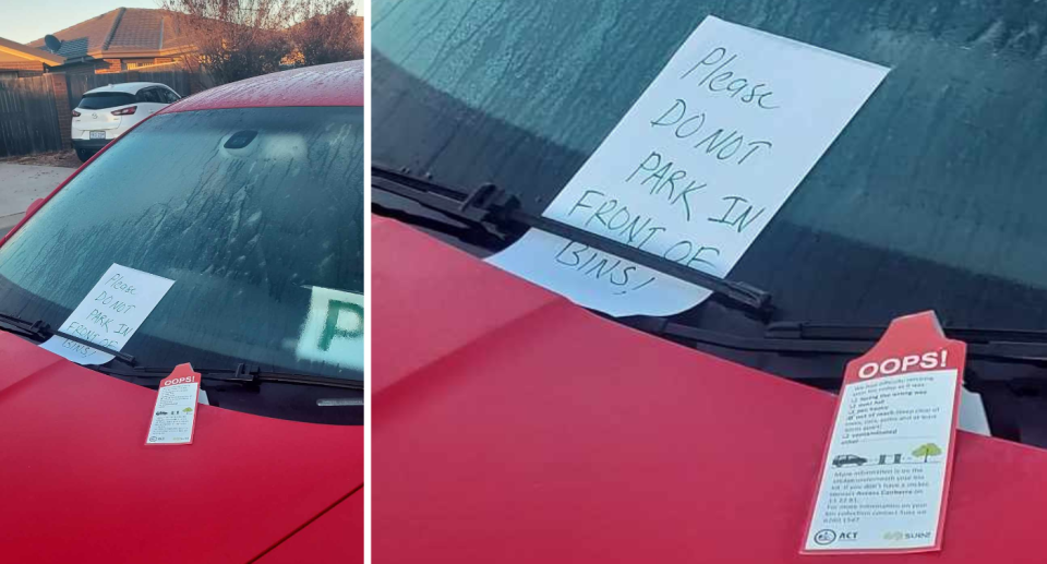 A note on the red car (left) and a close-up (right).