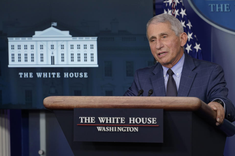 Dr. Anthony Fauci, director of the National Institute of Allergy and Infectious Diseases, speaks during a briefing with the coronavirus task force at the White House in Washington, Thursday, Nov. 19, 2020. (AP Photo/Susan Walsh)