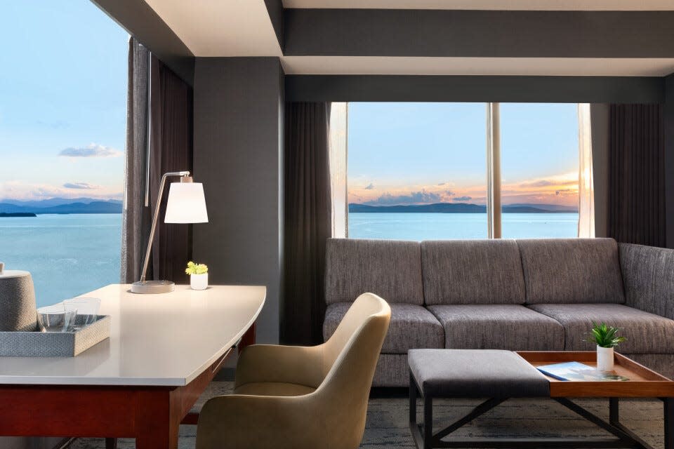 Some rooms at the Hilton Burlington offer panoramic views of Lake Champlain like this. The hotel will soon rebrand to Hotel Champlain and upgrade its dining and fitness offerings.