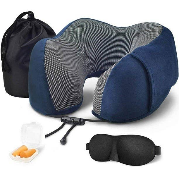 Includes pillow, mask, earplugs, and bag