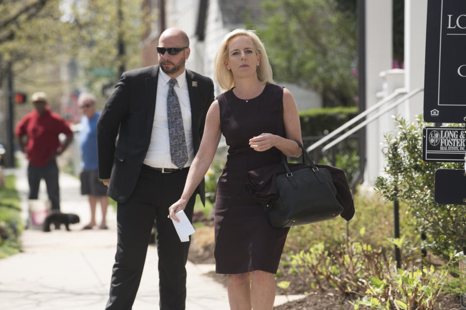 Homeland Security Secretary Kirstjen Nielsen talks outside her home in Alexandria, Va., on Monday, April 8, 2019. Nielsen says she continues to support the president’s goal of securing the border in her first public remarks since her surprise resignation. (AP Photo/Kevin Wolf)