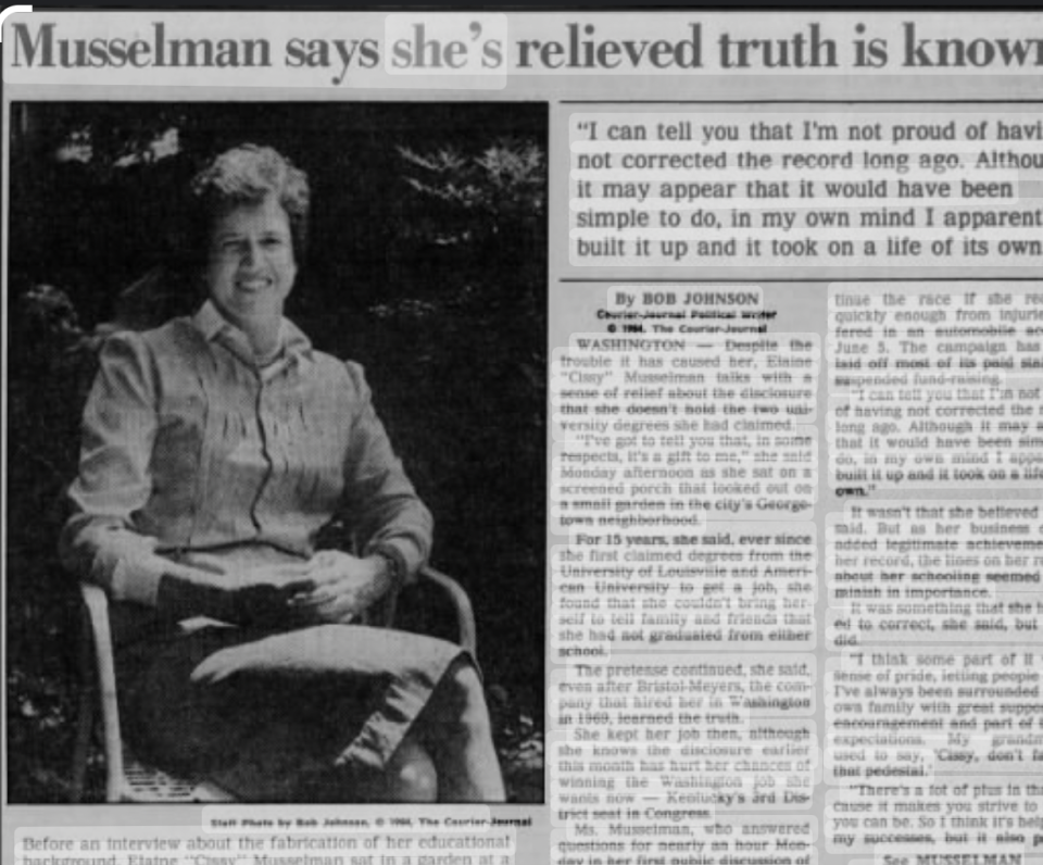 Elaine "Cissy" Musselman explains why she fabricated her college degrees and told a Courier Journal reporter how she was relived the secret she guarded for 15 years had finally been unveiled.