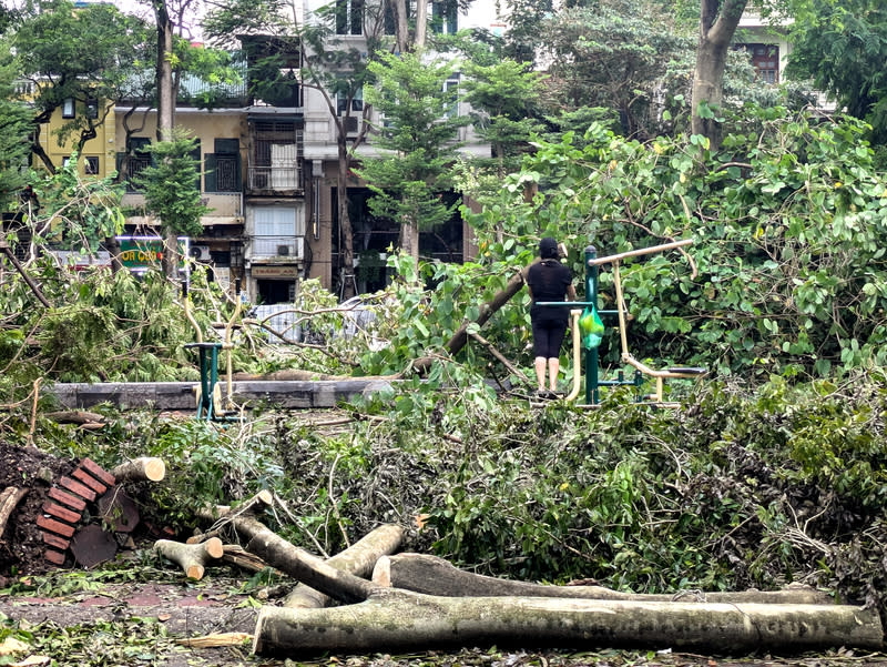 河內民眾在倒樹滿布的公園運動 颱風摩羯造成河內市近2.5萬棵樹木倒下，相關單位目 前優先清理影響交通的倒塌路樹，再善後公園裡的倒 樹。一名河內市民10日下午在滿布倒樹的公園裡運 動。 中央社記者陳家倫河內攝  113年9月10日 