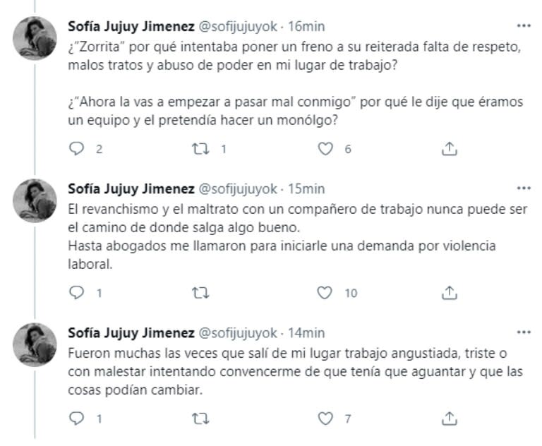 Sofia "Jujuy" Jiménez tuiteó duros comentarios sobre su etapa como compañera de trabajo de Horacio Cabak