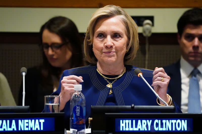 Former U.S. Secretary of State Hillary Clinton speaks at United Nations Headquarters on a panel about including women in the peace process in Afghanistan, in the Manhattan borough of New York City