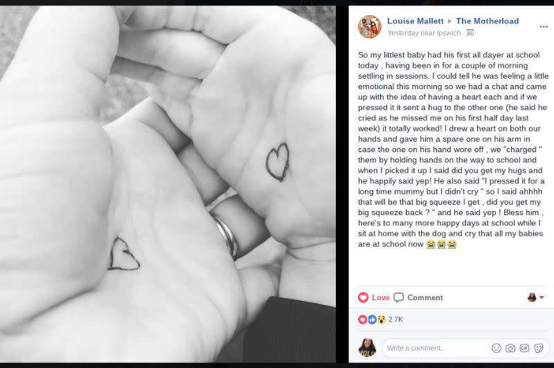 This is the post Louise Mallett shared about her hug button idea in the Facebook page for The Motherload. (Photo: <a href="http://www.the-motherload.co.uk" target="_blank">The Motherload/Louise Mallett</a>)