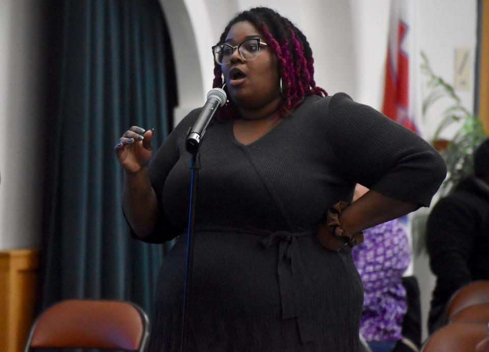 Binghamton resident Shanel Boyce addresses the Binghamton City School District Board of Education at its Jan. 24 meeting.