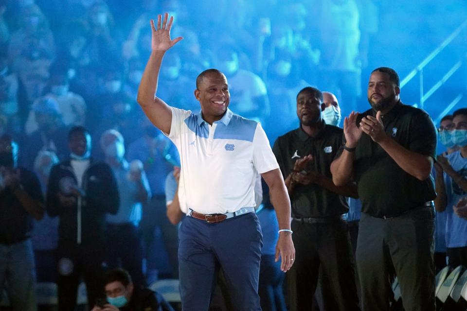 North Carolina coach Hubert Davis is introduced during the NCAA college basketball team's season opening event in Chapel Hill, N.C., Friday, Oct. 15, 2021.