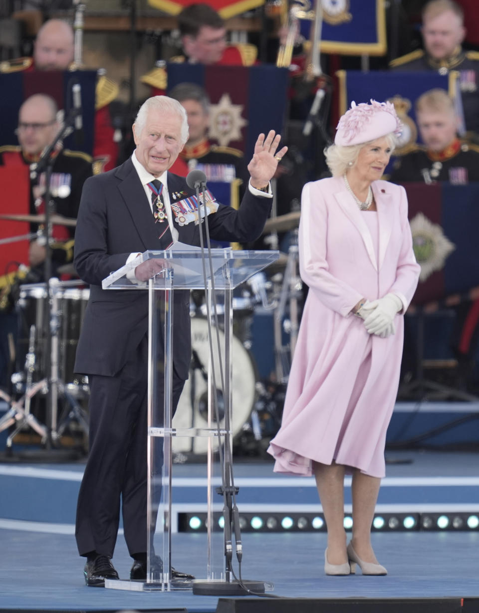 Queen Camilla, suede pumps, D-Day, pink, suit, King Charles III