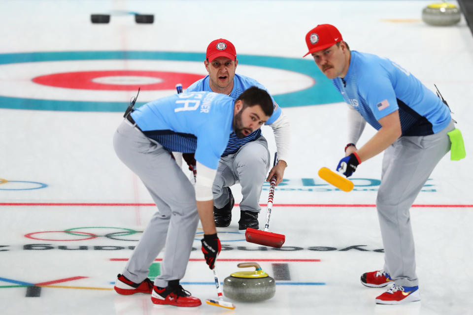 Matt Hamilton, John Shuster, John Landsteiner of USA compete in the Curling Men's Semi-final against Canada on day thirteen of the PyeongChang 2018 Winter Olympic Games at Gangneung Curling Centre on February 22, 2018 in Gangneung, South Korea.