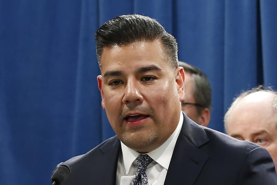 FILE - In this Feb. 18, 2020, file photo, California Insurance Commissioner Ricardo Lara speaks at a state Capitol news conference in Sacramento, Calif. Massive wildfires are making it harder for some California homeowners to get property insurance, pitting commissioner Lara against the industry in an escalating conflict that will likely extend into 2022's statewide elections. Lara, a Democrat, has ordered the pool, the California Fair Access to Insurance Requirements Plan - also known as the FAIR Plan, to sell more than just fire insurance. (AP Photo/Rich Pedroncelli, File)