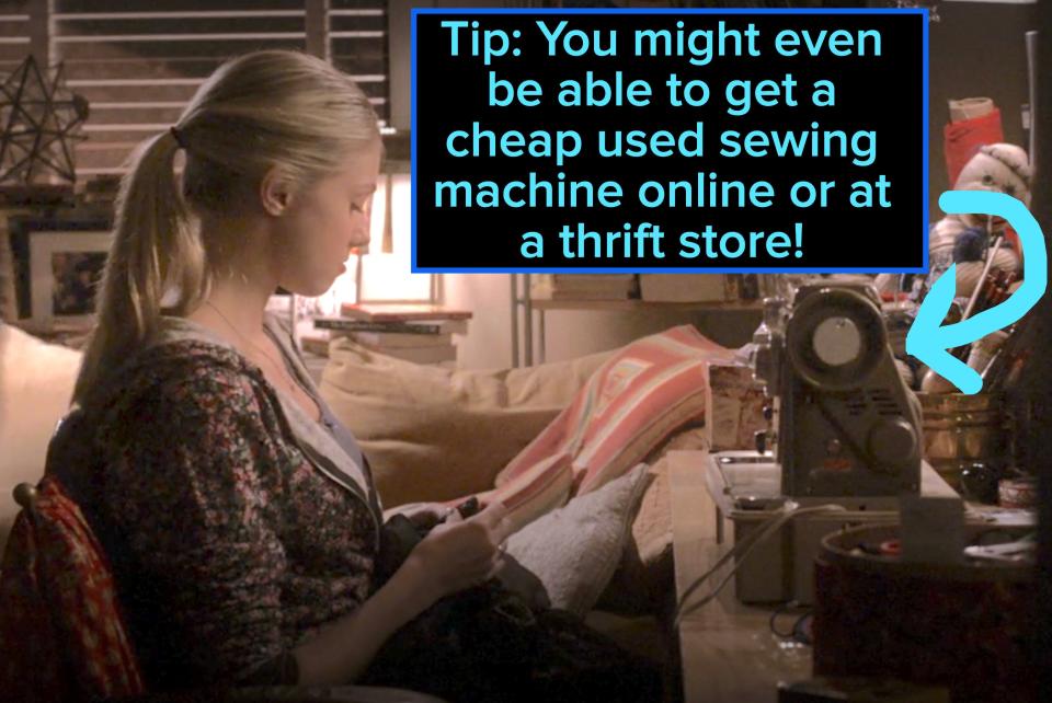 Woman sitting at a sewing machine with the caption "Tip: You might even be able to get a cheap used sewing machine online or at a thrift store!"