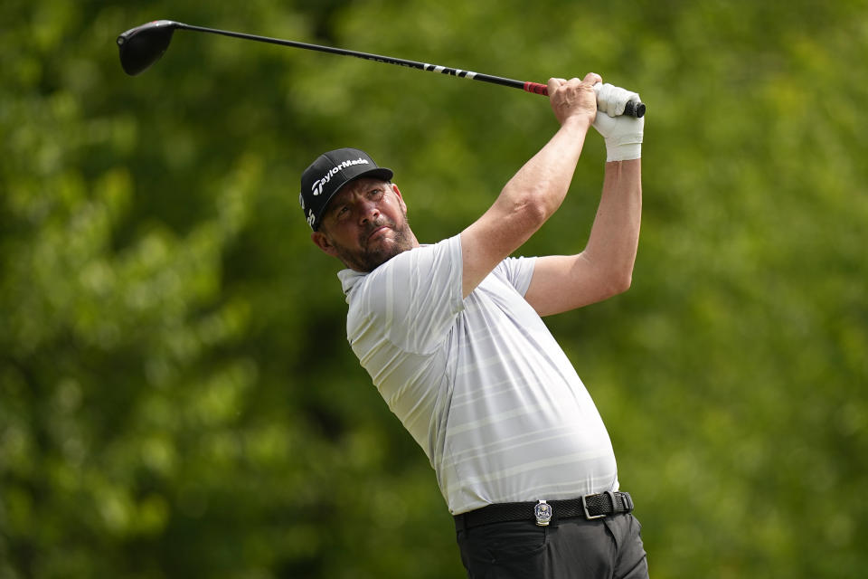 Michael Block watches his tee shot on the fourth hole during the final round of the PGA Championship golf tournament at Oak Hill Country Club on Sunday, May 21, 2023, in Pittsford, N.Y. (AP Photo/Eric Gay)