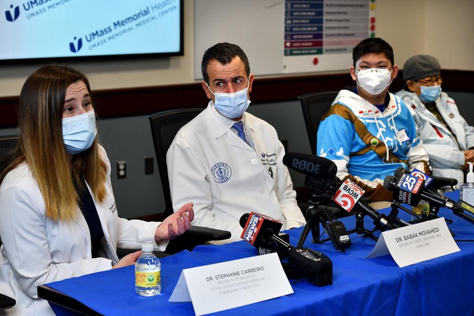 UMass Memorial Medical Center's Dr. Stephanie Carreiro, left, with Dr. Babek Movahedi, talks about the challenge of treating Kai Chen and his mother Kam Look.