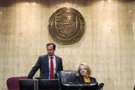 FILE - Arizona Senate President Karen Fann, R-Prescott, right, is joined by Sen. Warren Petersen, R-Gilbert, prior to the Arizona Senate Republican hearing on the review findings of the 2020 election results in Maricopa County at the Arizona Capitol, Friday, Sept. 24, 2021, in Phoenix. (AP Photo/Ross D. Franklin, File)