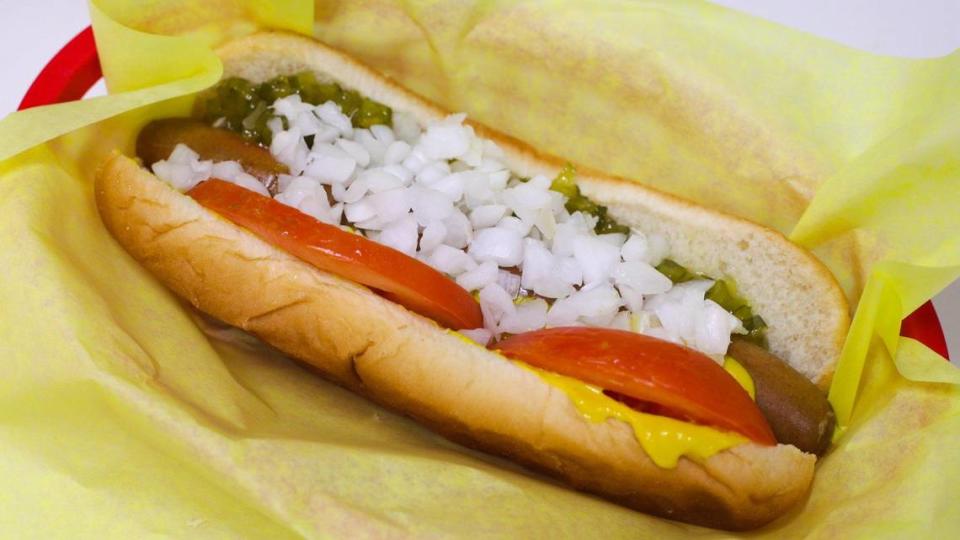 The flagship hot dog, the Frank Dog, with tomato, onion, mustard and relish. Frank’s Famous Hot Dogs in San Luis Obispo has a long history in town and has a loyal local following.